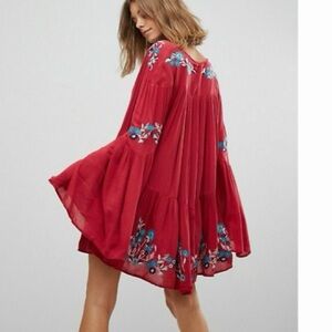 Free People Te Amo Mini Dress Red Floral Embroidered Dress